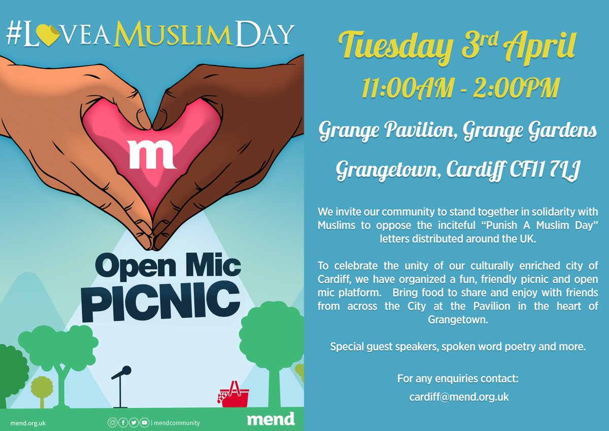 mendcommunity's tweet photo. Cardiff | #LoveAMuslimDay 

To celebrate the unity of our culturally enriched city of Cardiff, we have organised a fun, friendly picnic and open mic platform
Bring food to share and enjoy with friends from across the city

Special guest speakers, spoken word poetry and more https://t.co/ZVVxNRCuYB