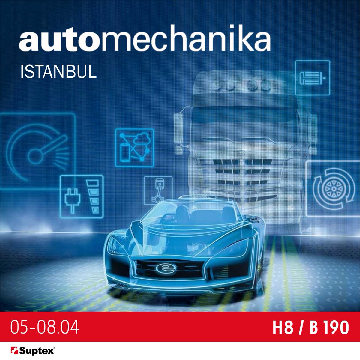 Counting down to Automechanika Istanbul 2018! We would like to invite you to visit our booth at H8 / B190. / Automechanika İstanbul 2018 için geri sayım başladı! Tüm ziyaretçilerimizi H8 / B190'daki standımıza bekleriz. #automechanikaistanbul2018 #suptex