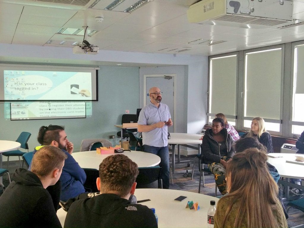 SusanSweeny's tweet photo. Coding our #cyborgart prototype using #microbits with Stephen Howell @saorog from #MicrosoftEdu. Dublin Business School rocks when it comes to technology and innovation. School of Arts, #film #media #journalism @DBSBusRev @SAHJournal @3Dcamp #suborg #cyborg #3dcamp @DBScollege https://t.co/Bx0ZEuMncZ