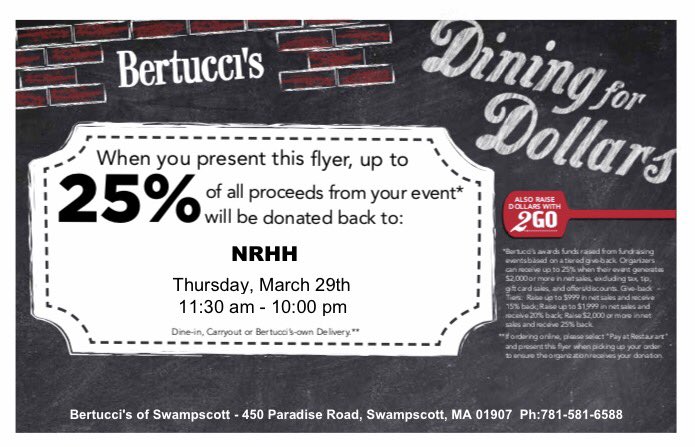 NRHH is hosting a fundraiser at Bertucci's in Swampscott tonight! Mention the event or show this flyer to your server to help out our organization! (You can also order take out and mention our event as well‼️) 😊