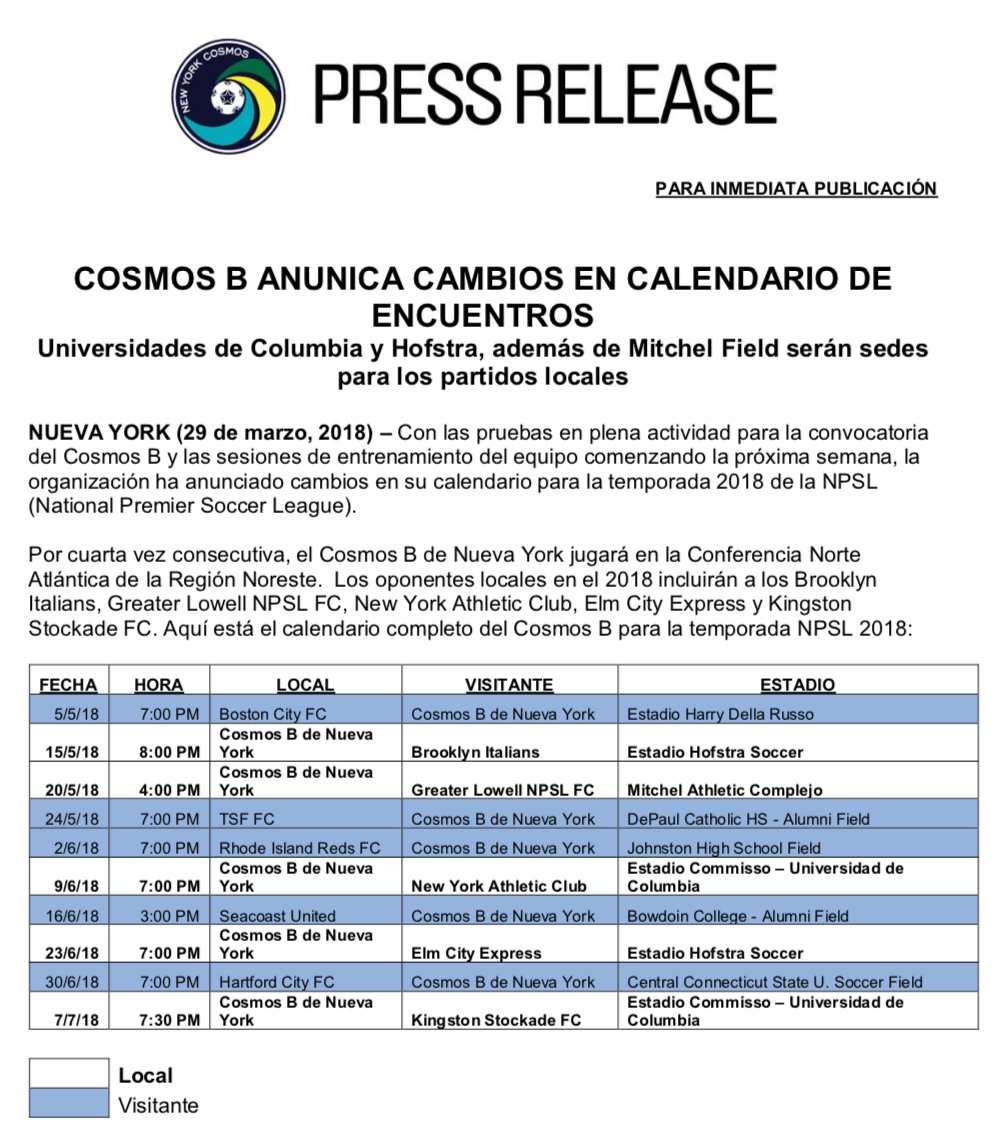 #NYCosmosB Anuncia Cambios En Calendario De Encuentros Para #NPSL Temporada 2018