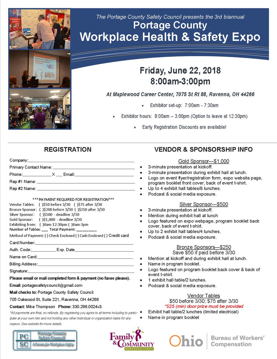 portagesafety's tweet image. Vendor table &amp;amp; Bronze Sponsor discount ends tomorrow for the 3rd biannual #PortageCountyOH Workplace Health &amp;amp; Safety Expo!!! 16 breakout courses in #Construction, #Electrical, #Health, #Industrial &amp;amp; #manufacturing #safety! Don't miss out! Register today! …untysafetycouncil.files.wordpress.com/2018/02/2018-e…