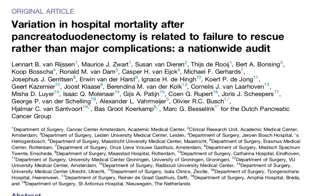 MarcBesselink's tweet photo. Nationwide audit: Variation in hospital mortality after pancreatoduodenectomy is related to failure to rescue rather than major complications @DPCG_official https://t.co/vz5ctNnKYj  @EAHPBA @IHPBA @AHPBA #PancreaticCancer https://t.co/aHHOvc1Kxa