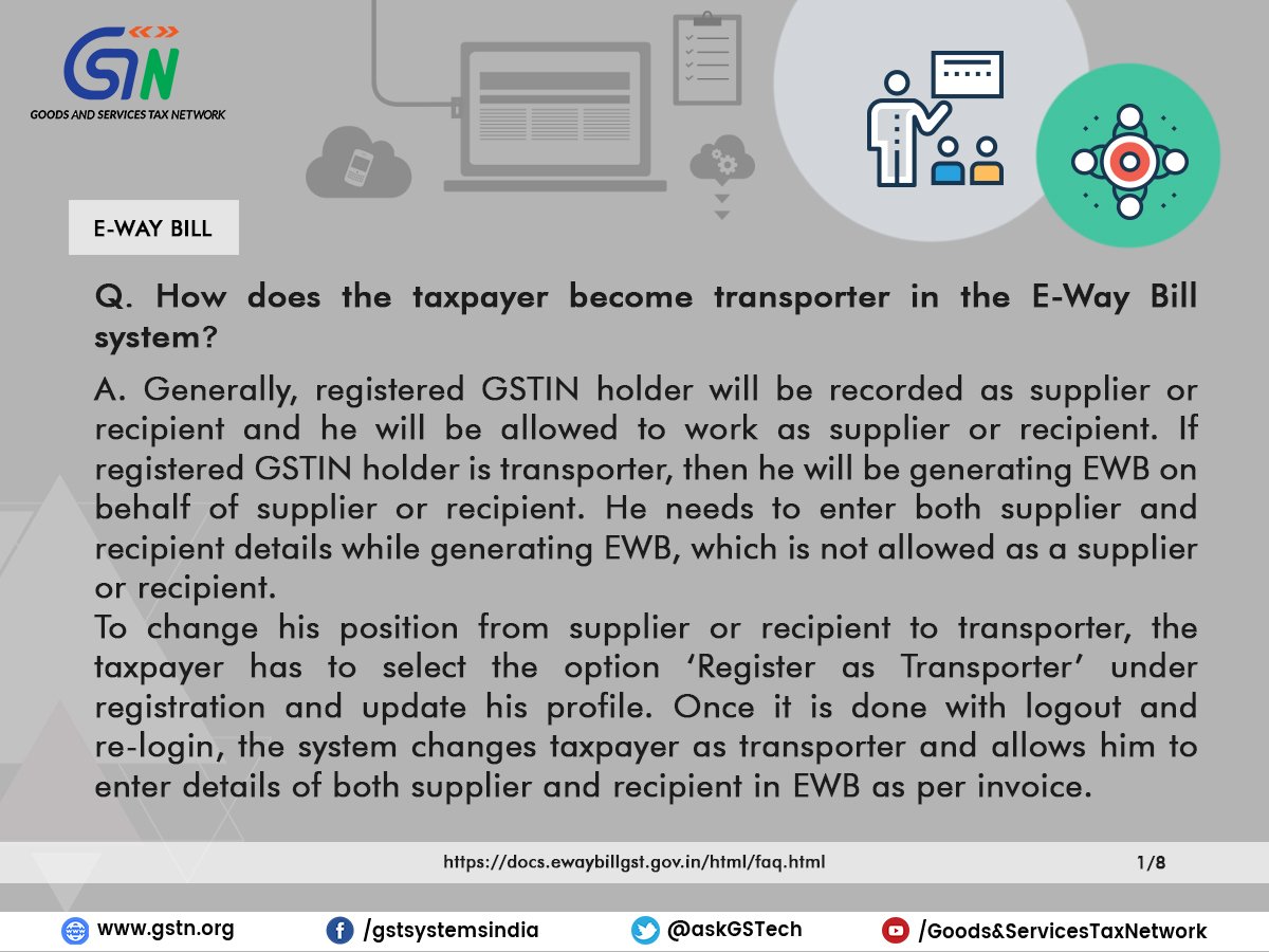 gstindia's tweet photo. Taxpayers guide on how to become a transporter in the E-Way Bill system. For more information on E-Way Bill, visit https://t.co/fzaTpf7tgo https://t.co/lNlXWMT99n