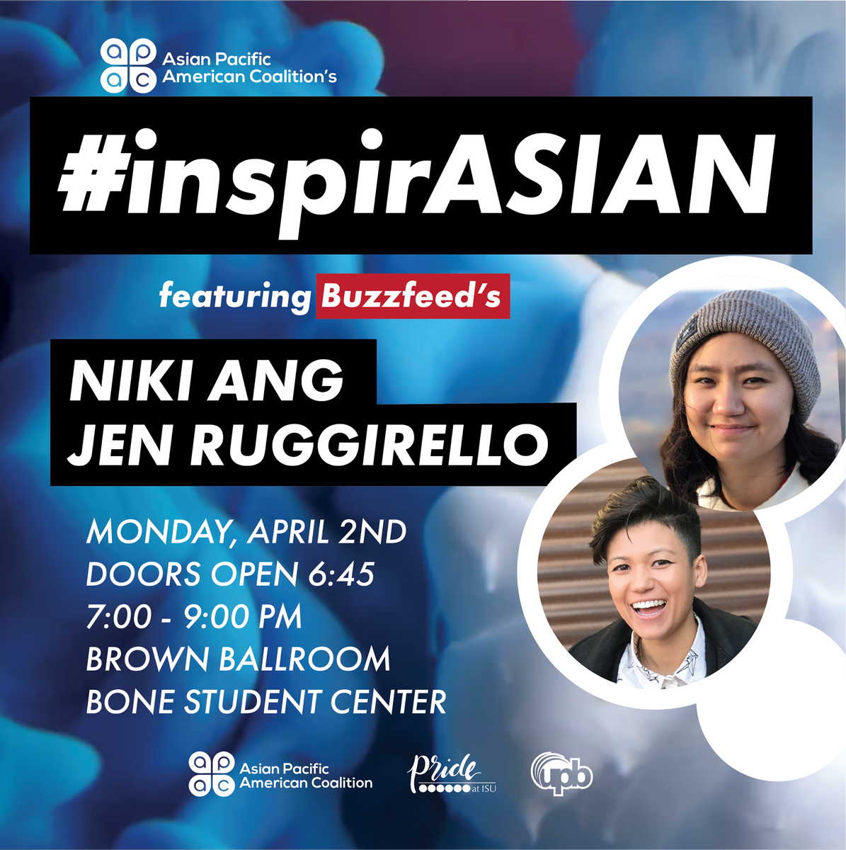 ISUUPB's tweet photo. join UPB, @APAC_ilstu, @ilstu_pride for #inspirASIAN! This Monday, April 2nd in the Brown Ballroom of the Bone @BuzzFeed's Niki And and Jen Ruggirello will be speaking on many different social and cultural topics! https://t.co/TibcTCSilX