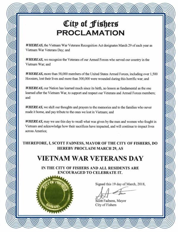 March 29th is Vietnam War Veterans Day.  We had a nicely attended event in <a href="/FishersIN/">FishersIN</a> this morning.  It is important to recognize and thank all Veterans, particularly members of this generation.