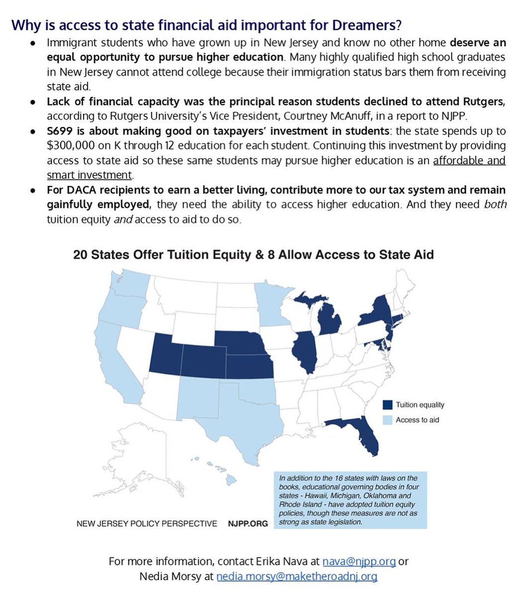 NJPolicy's tweet photo. On Monday the Senate passed S699, moving #tuitionequality closer to reality in NJ. Read this fact sheet to learn what this means for the Garden State, and be sure to follow @MaketheRoadNJ which has been one of the strongest advocates on this and other immigration issues in NJ! https://t.co/NnC4u4FxWF