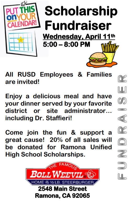 Mark your calendars! April 11th from 5-8 pm, join us at the Ramona <a href="/BollWeevilCafe/">Boll Weevil</a> and be served by your favorite district/site administrator! 20% proceeds will help us provide a RUSD senior with scholarship money. We hope to see you there!