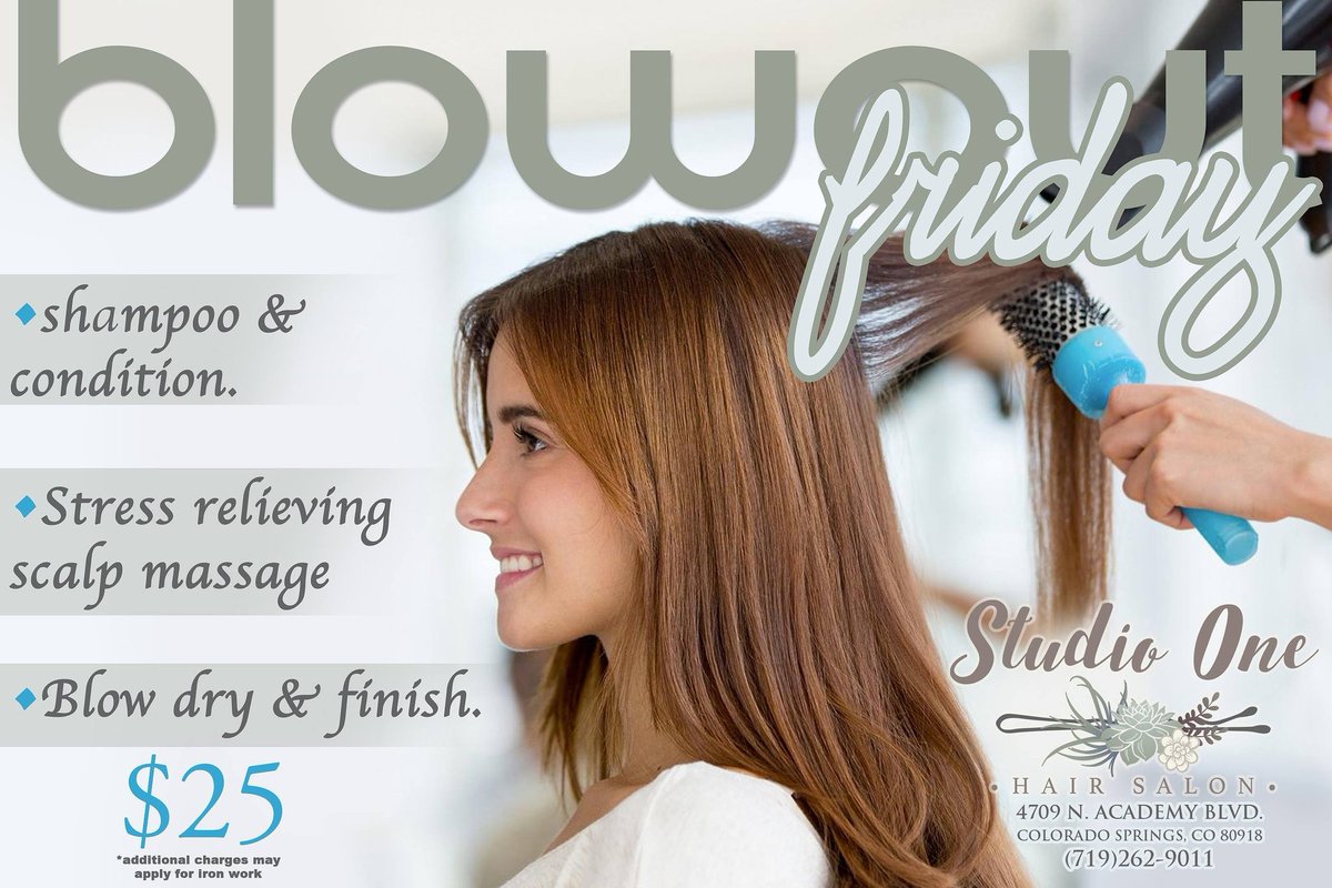 studio1colo's tweet photo. Tomorrow is #BlowOutFriday schedule an appointment today! $25 for shampoo / condition, stress relieving massage, blow dry and finish 😍😍😍 https://t.co/dfhudMrUHH or 719.262.9011 
#ColoradoSprings #colorado #StudioOneSalon #salon #hairsalon #gorgeous #blowdry #coloradosalon https://t.co/qurdBgJkh0