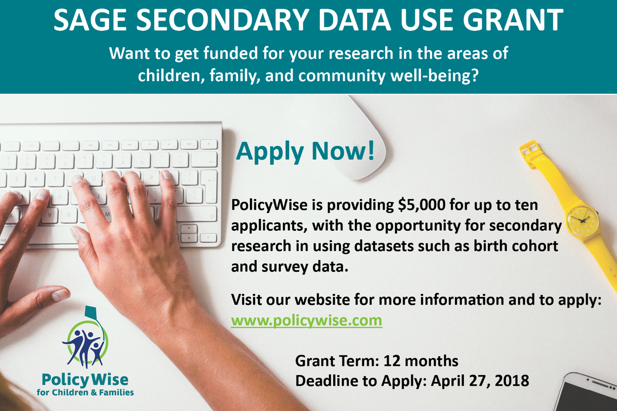 PolicyWise's tweet image. Want to get funded for your #research using @AllOurFamilies data? Apply to our SAGE #SecondaryData Use Grant before April 27 redcap.ualberta.ca/surveys/?s=YMK…