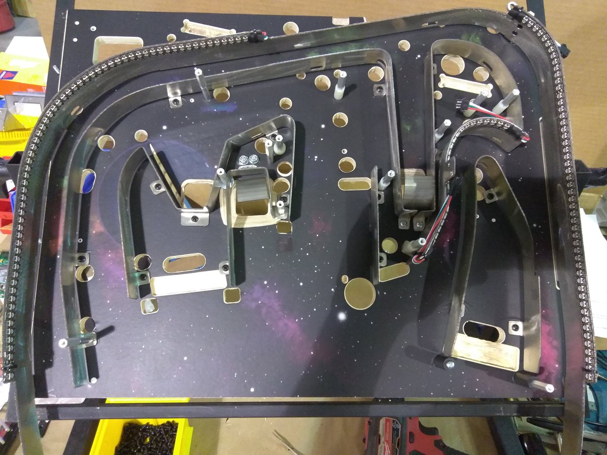 Multimorphic's tweet photo. Cosmic Cart Module being built up. Can you figure out how many shots are on this playfield?
#Cartdevelopment #pinballevolved #pinball https://t.co/vgTyWsP5di