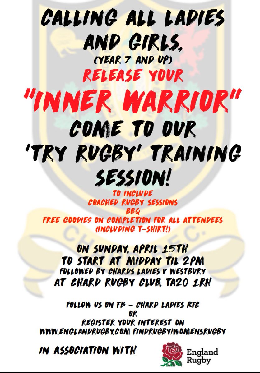 ChardRFCLadies's tweet photo. Come and release your #innerwarrior on Sunday 15th April 12oclock
We are holding an all girl rugby taster session for all age groups from 12yrs old and up
Fun for all the family &amp; refreshments &amp; goody bag included 😎🏃‍♀️🏉🏃🏽‍♀️💅🏃🏼‍♀️
https://t.co/JnPXMOvHWp
Please RT https://t.co/uzjhIYbMp6