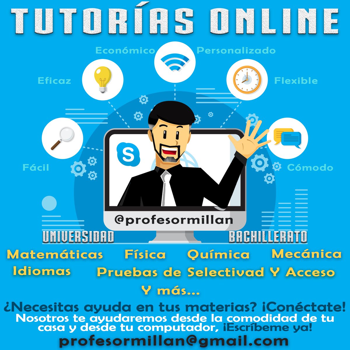 profesormillan's tweet photo. Para todos los que me conocen y saben de mi pasión por enseñar a aquellos que en verdad desean aprender, les dejo esta imagen para que compartan con posibles interesados. [Sobre todo a mis amigos en el extranjero ;) ]
Usuario Skype: profesormillan
#clasesenlinea #tutorenlinea https://t.co/fhfjGpAhZO
