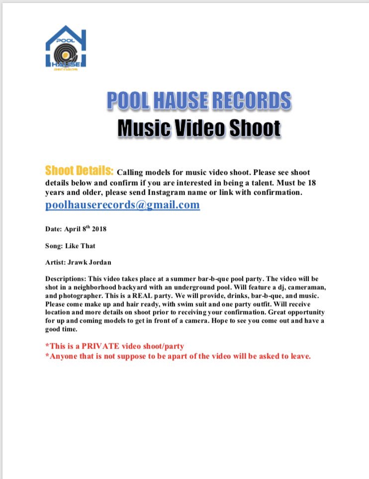DavyAtThePoolha's tweet image. 🚨🚨Music Video Shoot Alert🚨 🚨
Please read details and confirm by emailing or dm @ThePoolHause if you are interested in being in @JrawkJordan new music video!