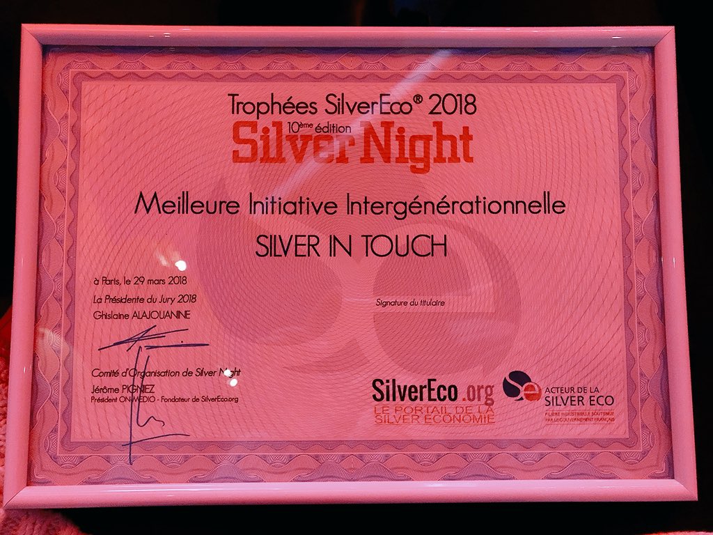 L’équipe de Silver In Touch est plus que ravie et reconnaissante d’avoir remporté le #Trophée #SilverEco en #intergenerationnel Mille mercis ! L’aventure continue 🎊 <a href="/SilverEcoNight/">SilverNight</a>
