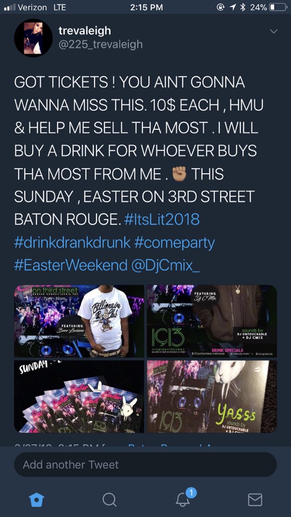225_trevaleigh's tweet photo. HMU FOR TICKETS 10$ EACH! Live performance & @DjCmix_ this Sunday @ 1913 & ya girl will be there slinging drinks. Let me get you drunk ! #EasterOnThirdStreet #1913 #downtownbr #itslit2018 @DJLyed @portaboyup @jvngelle https://t.co/gALDmNWtjt