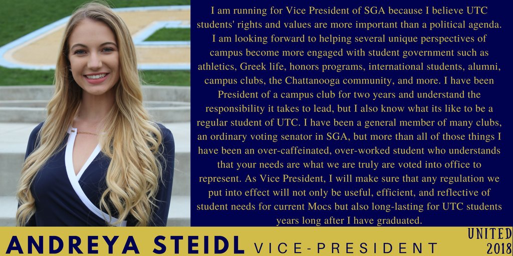 utcUNITED's tweet photo. Meet Andreya Steidl!! She is a Political Science: Legal Studies major, the President of the Pre-Law Club, a member of the Brock Scholars Program, an SGA Senator, and served on the Homecoming Committee. Andreya is running for Vice-President with UNITED, see why... https://t.co/HzBdRqaEhi