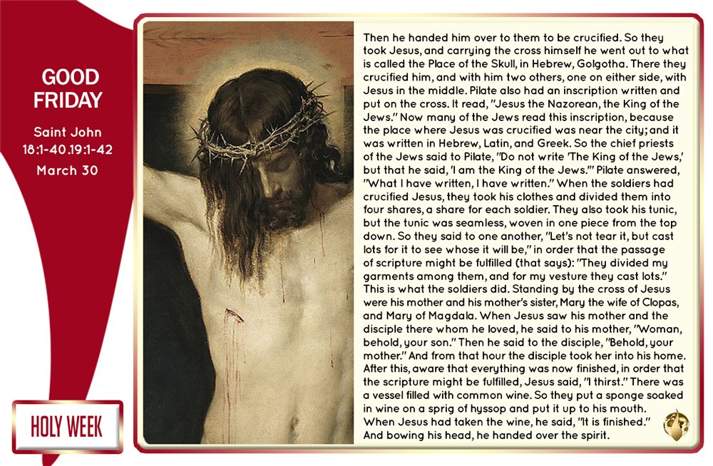 #DailyGospel Good Friday
When Jesus had taken the wine, he said, "It is finished." And bowing his head, he handed over the spirit. #GoodFriday
