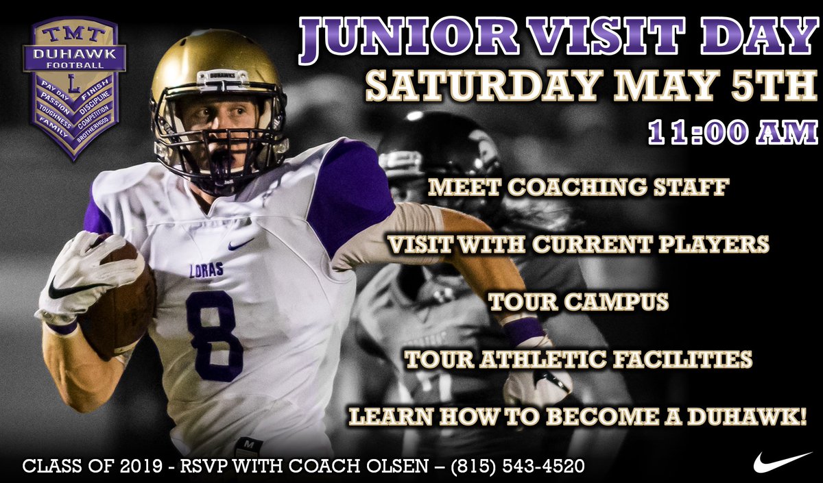 LorasCollegeFB's tweet photo. ATTENTION CLASS OF 2019: Another reminder to lock in May 5th on your calendar &amp; come spend time with @LorasCollegeFB to learn more about our football family &amp; what @lorascollege can offer you! #GoDuhawks https://t.co/s4kSnJiCFl