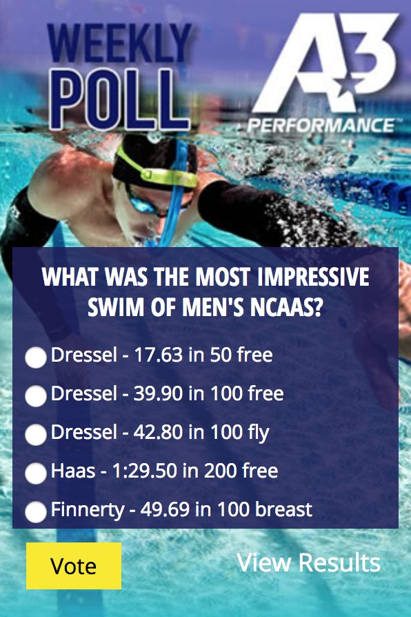 a3performance's tweet photo. #NCAAmswim was INCREDIBLE! With so many awesome swims which #swim did you think was most impressive? @swimswamnews #a3poll #a3performance #NCAASD https://t.co/UxZXHOTV2n https://t.co/ijWU9zIr1F