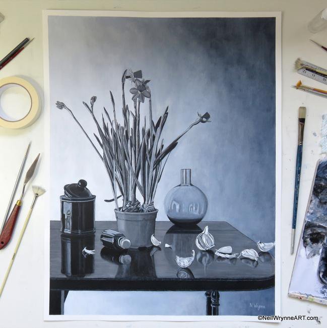 Feels great to have finished this picture, I'm really pleased with it. 'Still Life - Potted Daffodils On Table' #finishedwork #art #painting #artwork #portfolio #artcollector #monochromatic #bnwart #artgallery #originalartwork #monochromeartwork #acrylic #stilllife #still_life