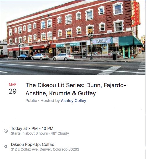 soto_chaya's tweet image. RT @DikeouArt: TONIGHT -sit back, have a beer, and enjoy readings by Steven Dunn, Kali Fajardo-Anstine, Kelly Krumrie, and Blake Guffey at Dikeou Pop-Up: Colfax for the Dikeou Literary Series, 7-9pm. Free and open to the public!
#dikeoupopup #denverevent…