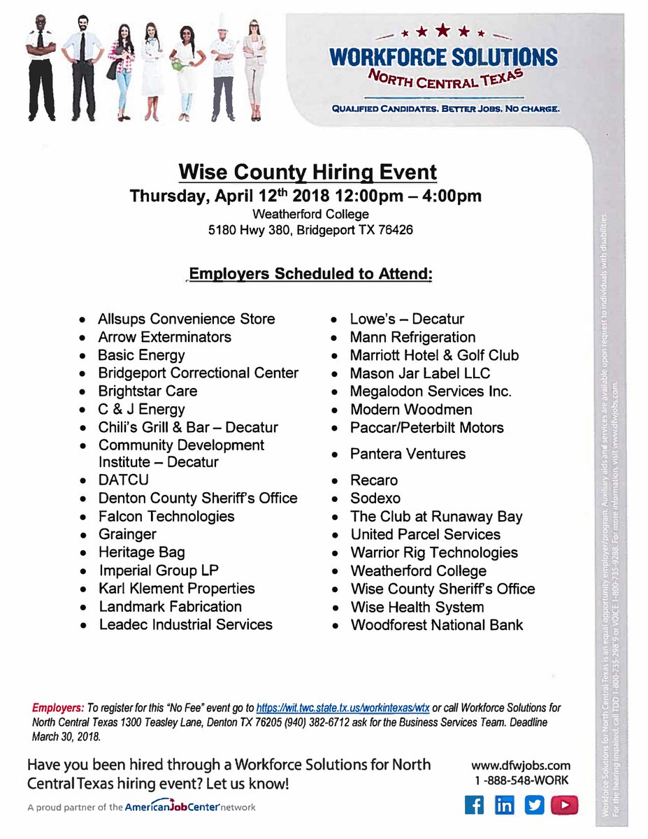 paradiseedc's tweet photo. Wise County Hiring Event - Thursday April 12th from 12:00pm to 4:00pm at Weatherford College Wise County, 5180 Hwy 380 in Bridgeport TX.

#paradiseedc #jobs #wisecountytx #hiringevent #wisecountyhiringevent #paradisetx https://t.co/qJ3ua6YxrP