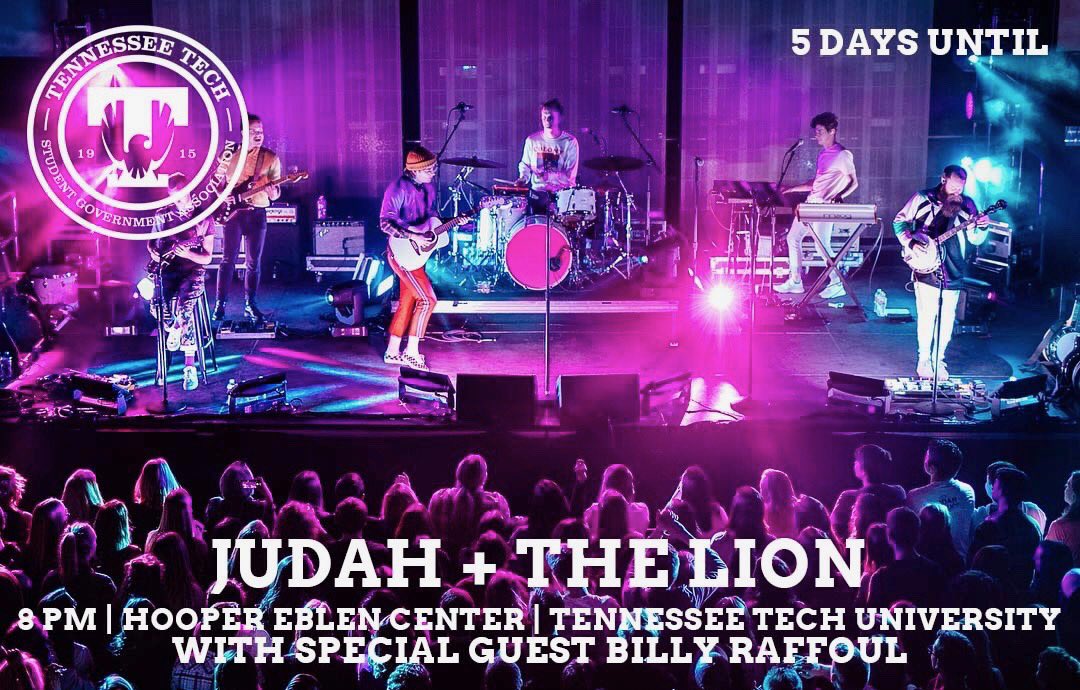 tntech_sga's tweet photo. It’s almost the weekend, and you know what that means! Only 5 DAYS until the @judahandthelion concert!! Be sure to pick up your tickets! Retweet this post for a chance to win a floor access pass!! #JTLSOLO #TechYeah https://t.co/LKtw0xQE4t