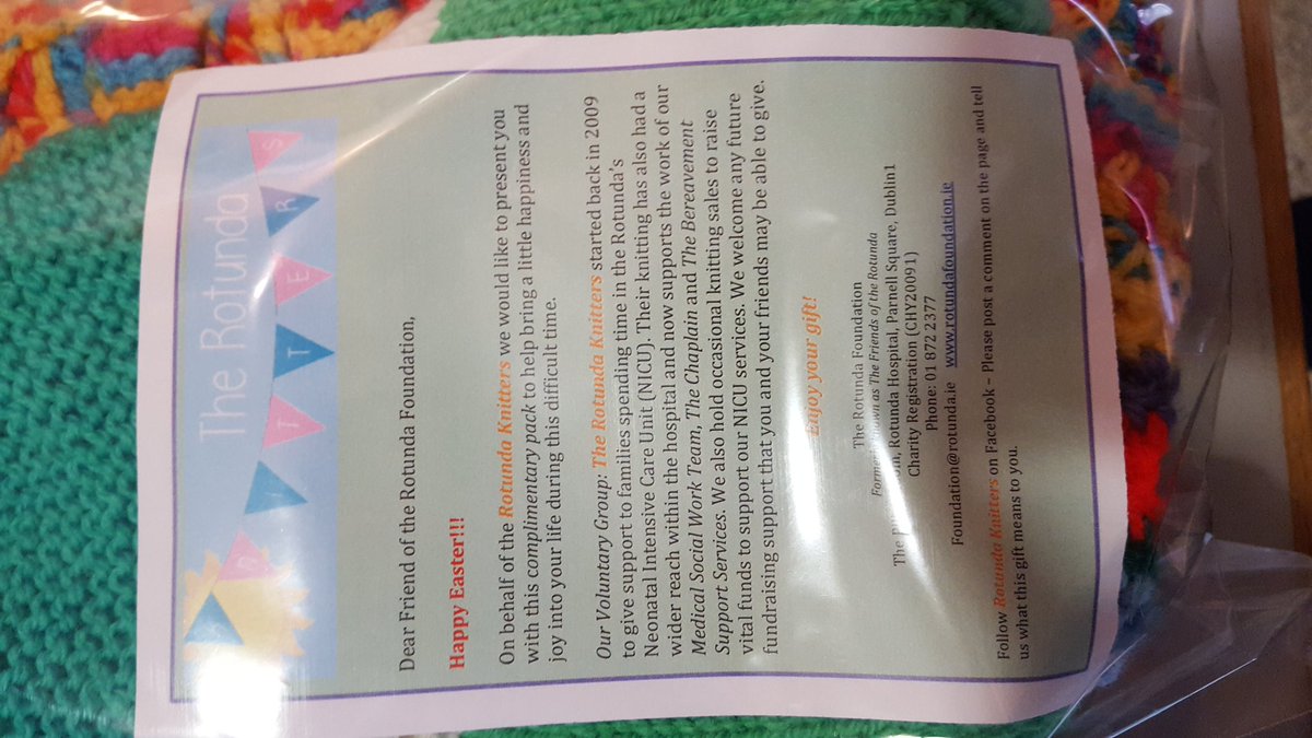 PillarRoom's tweet photo. Happy Easter everyone's🐣the babies in #NICU @RotundaHospital will receive a lovely Easter's Gift Pack over the weekend. On behalf of #RotundaFoundation @PillarRoom we would like to thanks to our Knitters & crocheters, also to the staff of Oracle for making up these lovely Packs https://t.co/jE3ogNmwYn