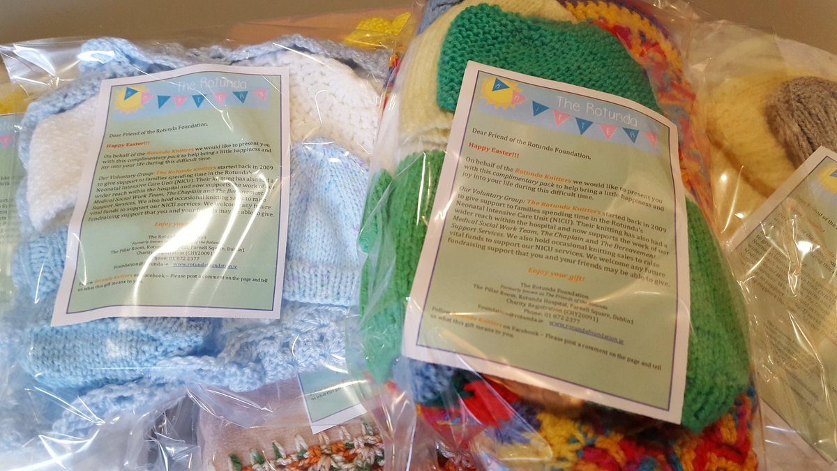 PillarRoom's tweet photo. Happy Easter everyone's🐣the babies in #NICU @RotundaHospital will receive a lovely Easter's Gift Pack over the weekend. On behalf of #RotundaFoundation @PillarRoom we would like to thanks to our Knitters & crocheters, also to the staff of Oracle for making up these lovely Packs https://t.co/jE3ogNmwYn