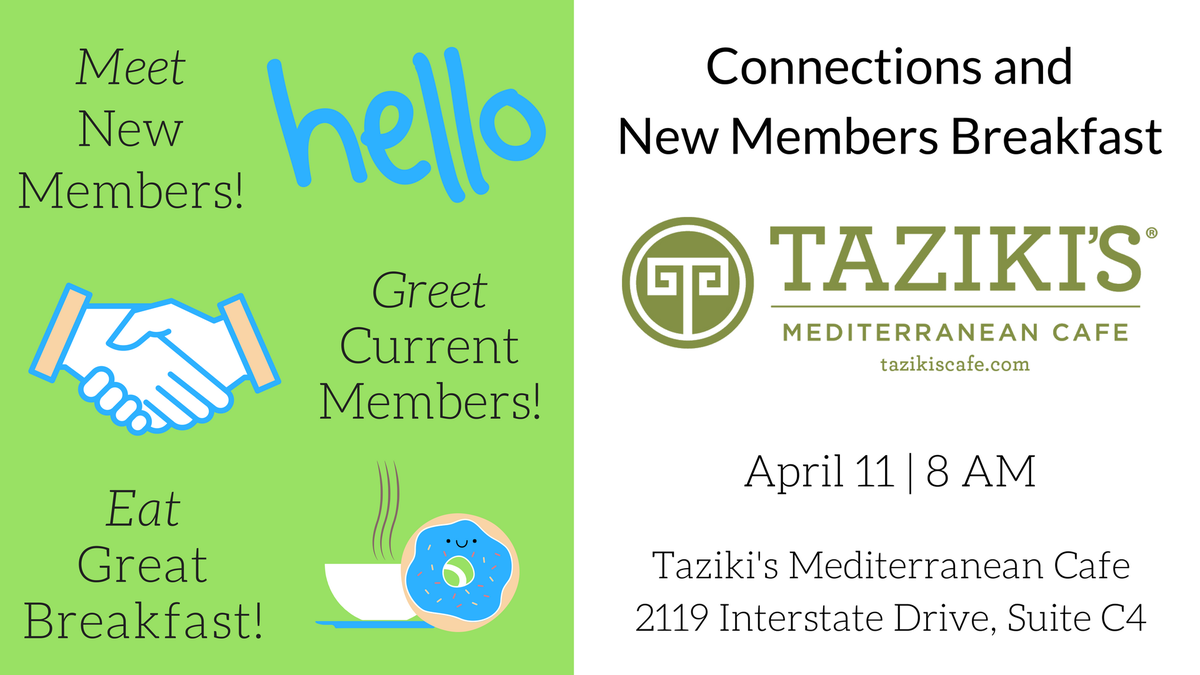 Join us on April 11 at 8 AM for Connections and New Members Breakfast! You can meet, greet, and eat breakfast at Tazikis! See you there! #opelikachamber #connections