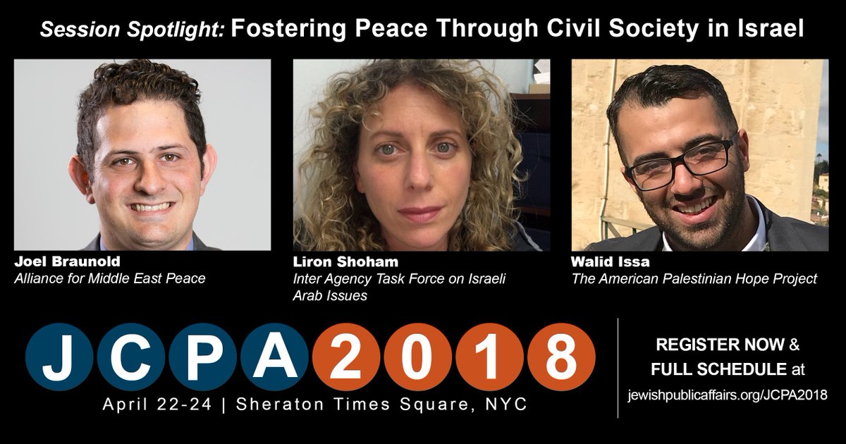 Learn about challenges both Israelis &amp; Palestinians face internally &amp; externally in strengthening coexistence initiatives in this important session at #JCPA2018 National Conference
SCHEDULE / REGISTER: jewishpublicaffairs.org/jcpa2018