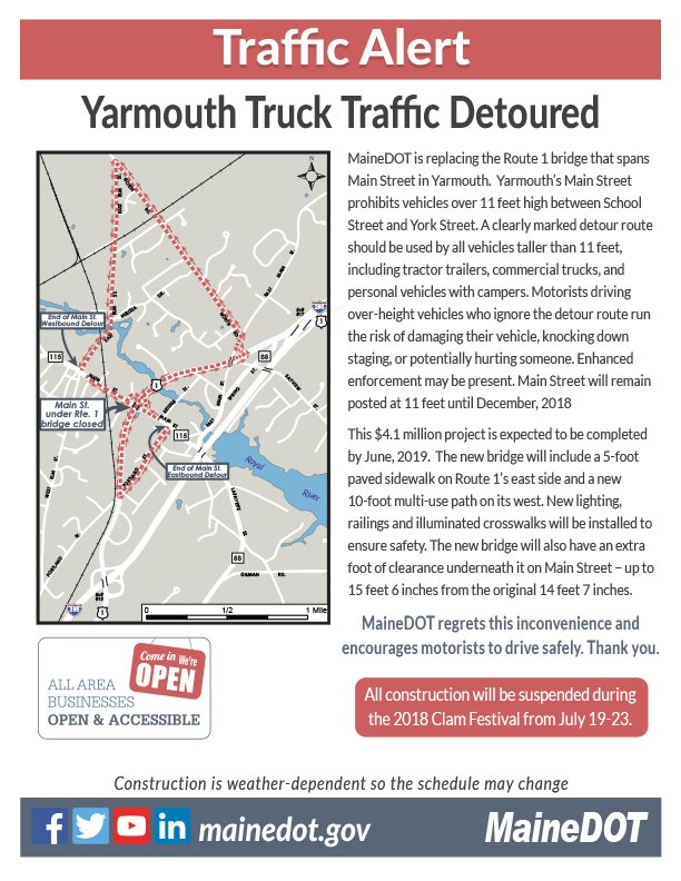 MaineDOT1's tweet photo. Hey, Truckers! Due to current bridge work in #Yarmouth, there is a height restriction of 11 feet between School Street &amp; York Street. Detour routes are clearly marked. Details here: https://t.co/ZZ0hbvJkvp
