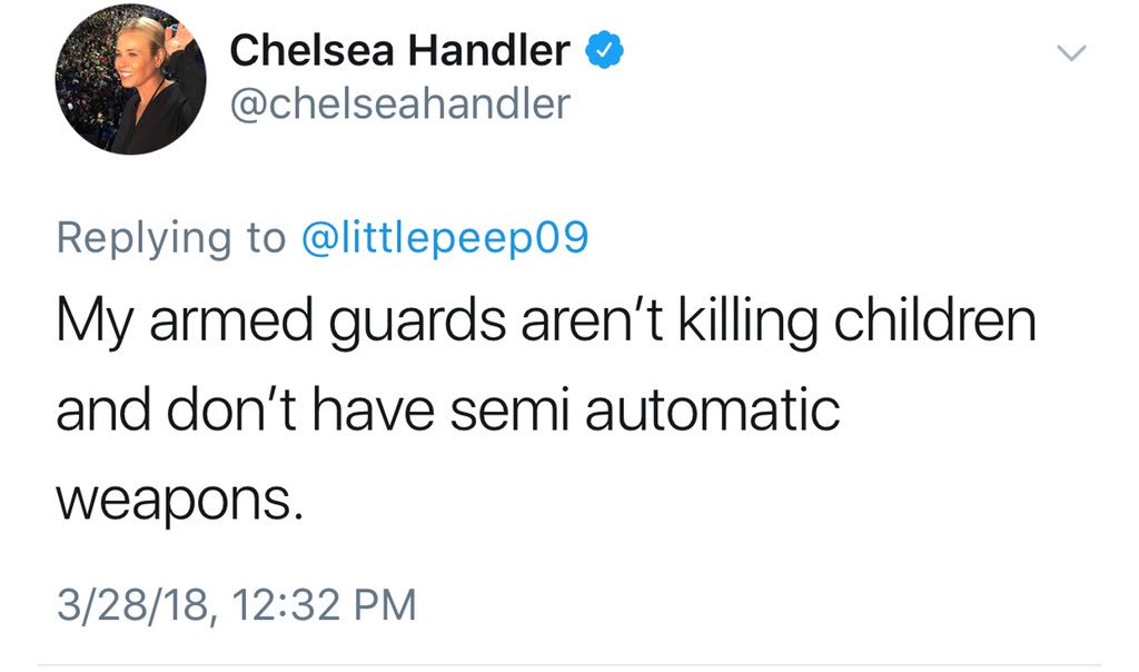 JennJacques's tweet image. Tweet in which @chelseahandler hints that her armed guards are carrying  automatic weapons to keep her safe. #2A #GunControlNever #DefendTheSecond