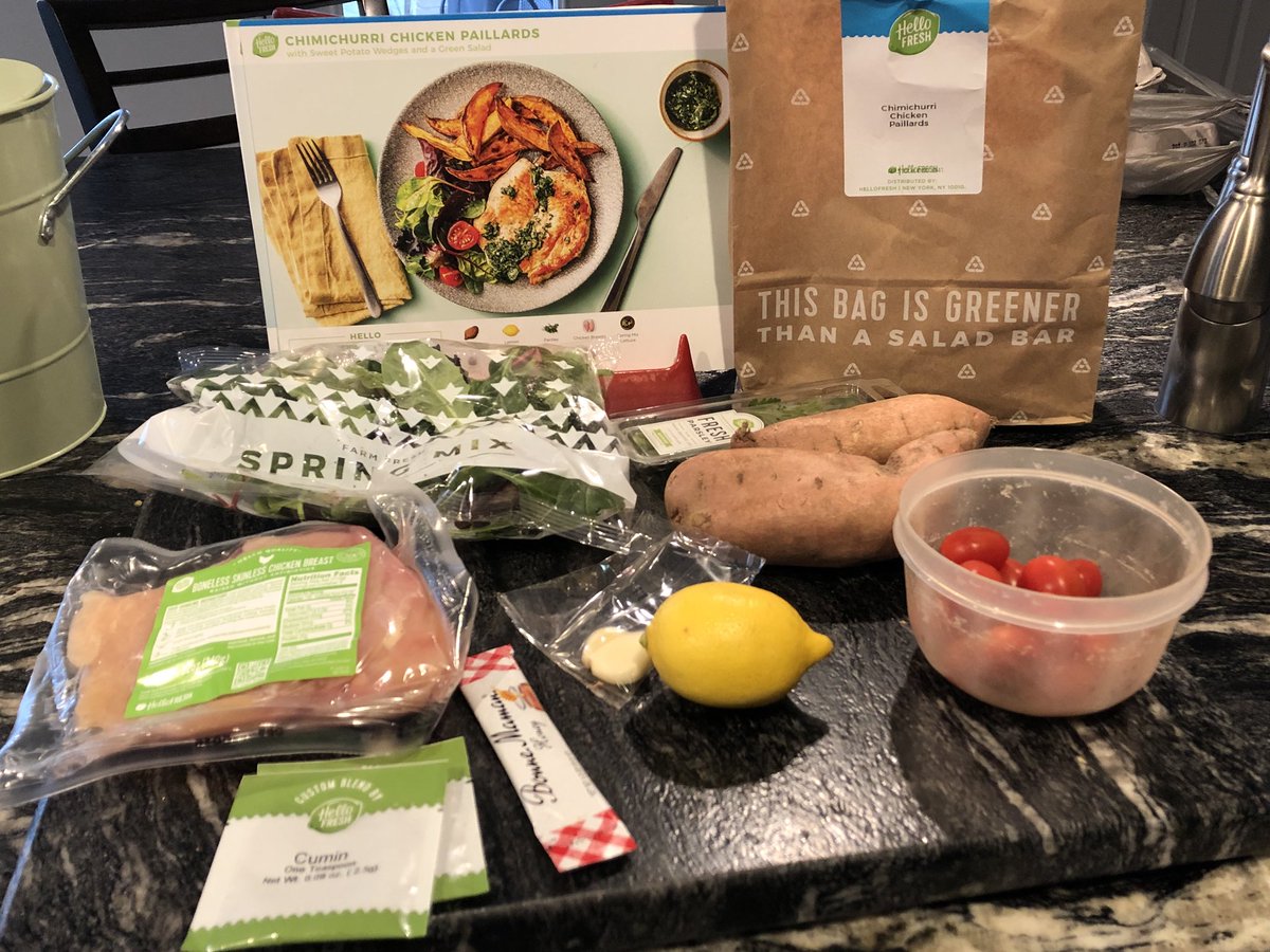 JSKuntz's tweet photo. @HelloFresh Box 3 📦 Meal 3 🥘 
Chimichurri Chicken Paillards with Sweet Potato Wedges and a Green Salad 🍗 🍠 🥗 
I added avocado 🥑 to the salad, but otherwise it’s made as directed! 😋 
#HelloFreshPics #GetCooking #yum https://t.co/mPfFTOYlrr