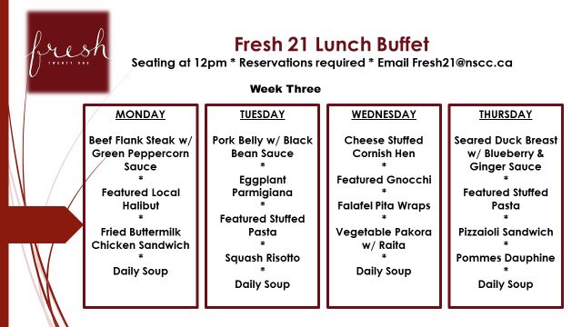 Next week is our final week of dining room service classes until Oct. 2018 Closed on Easter Monday but limited seats are still available on Tues, Wed &amp; Thurs, 12pm seating. The menu offerings will be a hybrid mix of all four days highlighted. Book: nscc.ca/explorenscc/ca… #NSCC