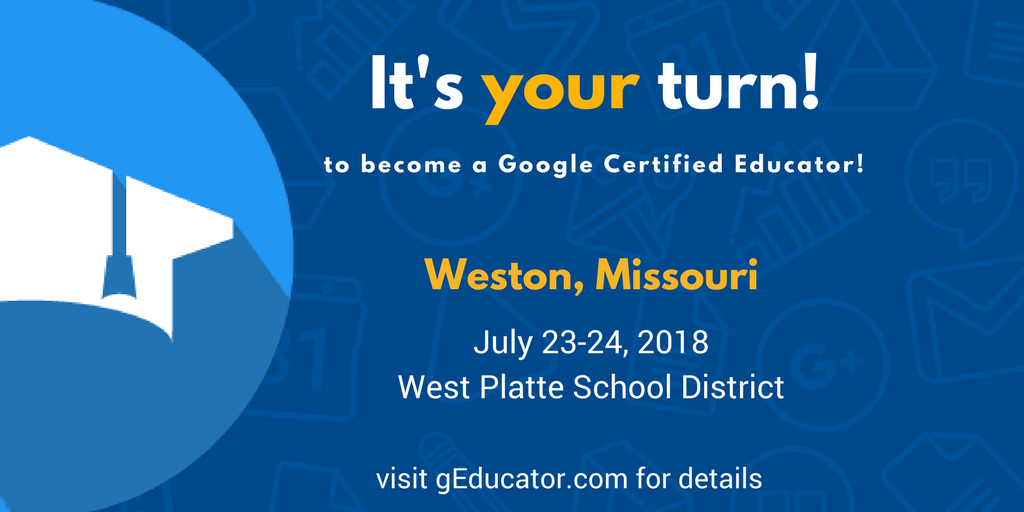 g_educator's tweet photo. This summer @jrsowash will be leading a Google Certification Academy outside of Kansas City, MO! If you are using Google products in the classroom this event will help you become a Google Certified Educator! Visit https://t.co/obPjiJ7oKw for details! #MOedchat #GoogleEDU https://t.co/hglFxAi2MJ