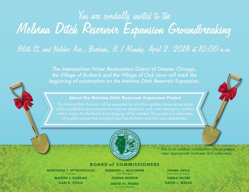 MWRDGC's tweet photo. The groundbreaking ceremony for the Melvina Ditch Reservoir expansion is Monday, April 2 at 10am! #stormwatermanagement #floodcontrol #timetobuild #Infrastructure2018 @m_spyropoulos @CommKSteele @debrashore @AvilaWater @CommishMJD @JosinaMorita @BurbankBeat @MayorBury https://t.co/OOBHHZZMYK