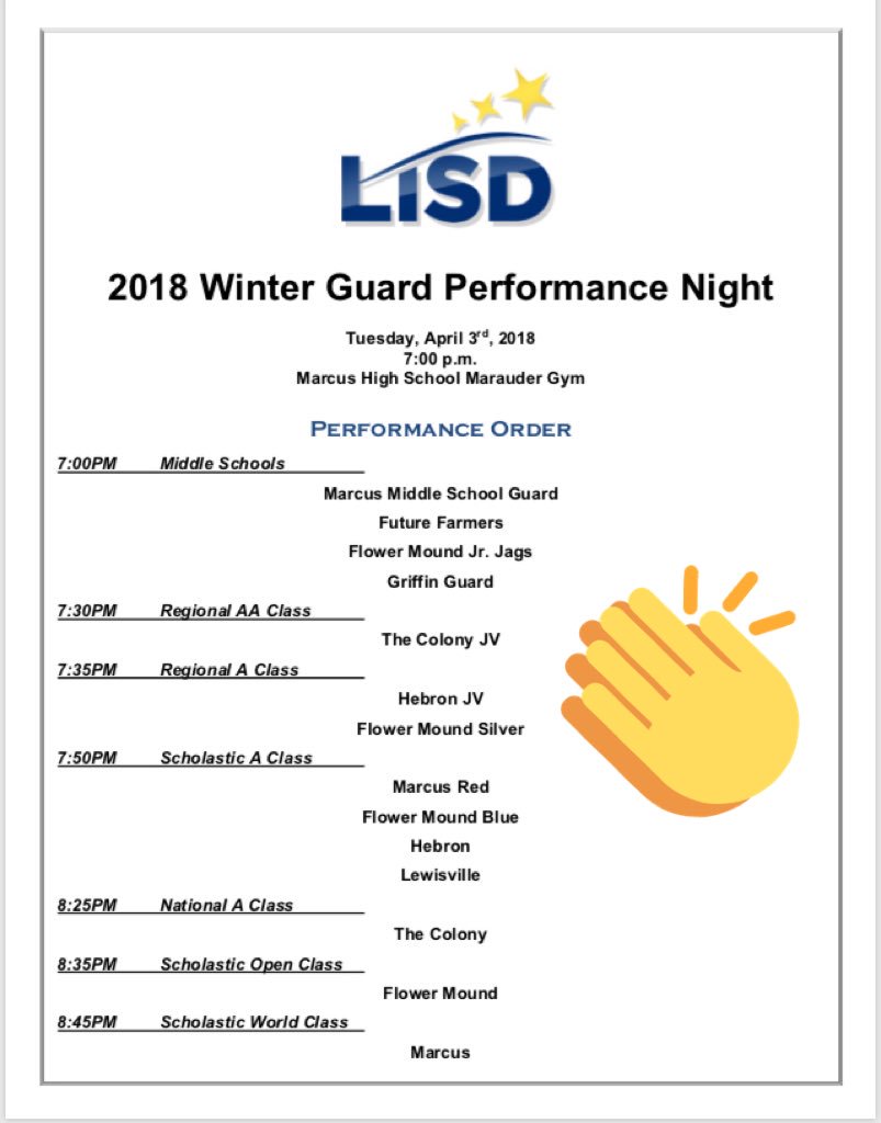 Join us for the LISD Winter Guard night Tuesday April 3rd, 7pm in <a href="/Marcus_HS/">Marcus High School</a> Marauder Gym! 🚩🚩🚩