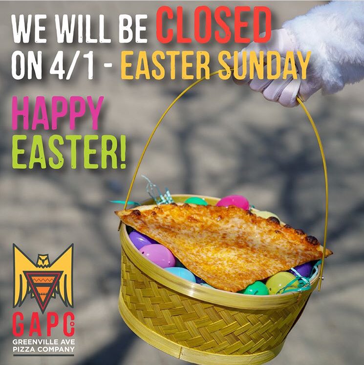 LiveByTheSlice's tweet photo. We will be closed for Easter so our team can enjoy some well-deserved time with their friends and family. ๐โค๏ธ๐ฐ๐ฃ #EasterInDallas #ClosedForEaster #Easter #GAPCo #GAPCoPeavy #EasterWeekend #EasterBunny https://t.co/hw4xic9tlF