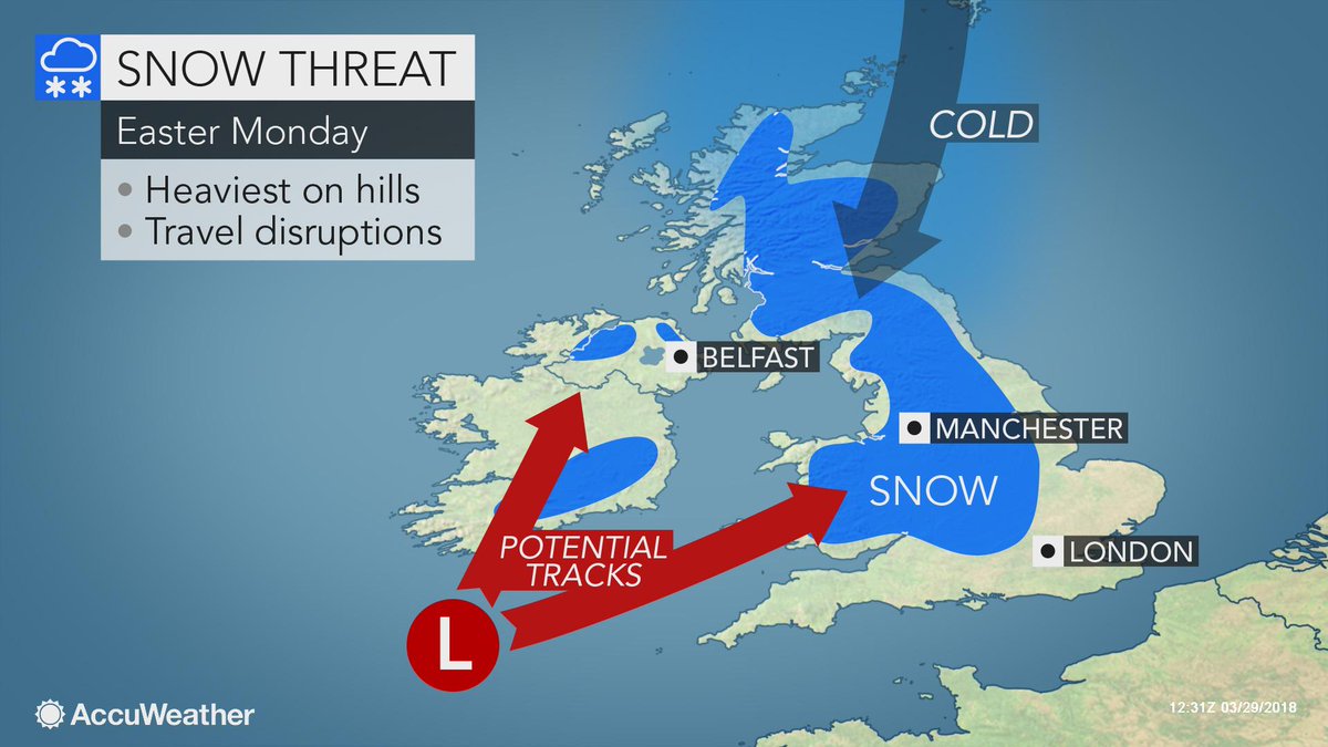 breakingweather's tweet photo. A wet start to the Easter holiday weekend may give way to snow in parts of the UK on Monday: https://t.co/N1Yw9Jms1r https://t.co/4QNg88lx7B