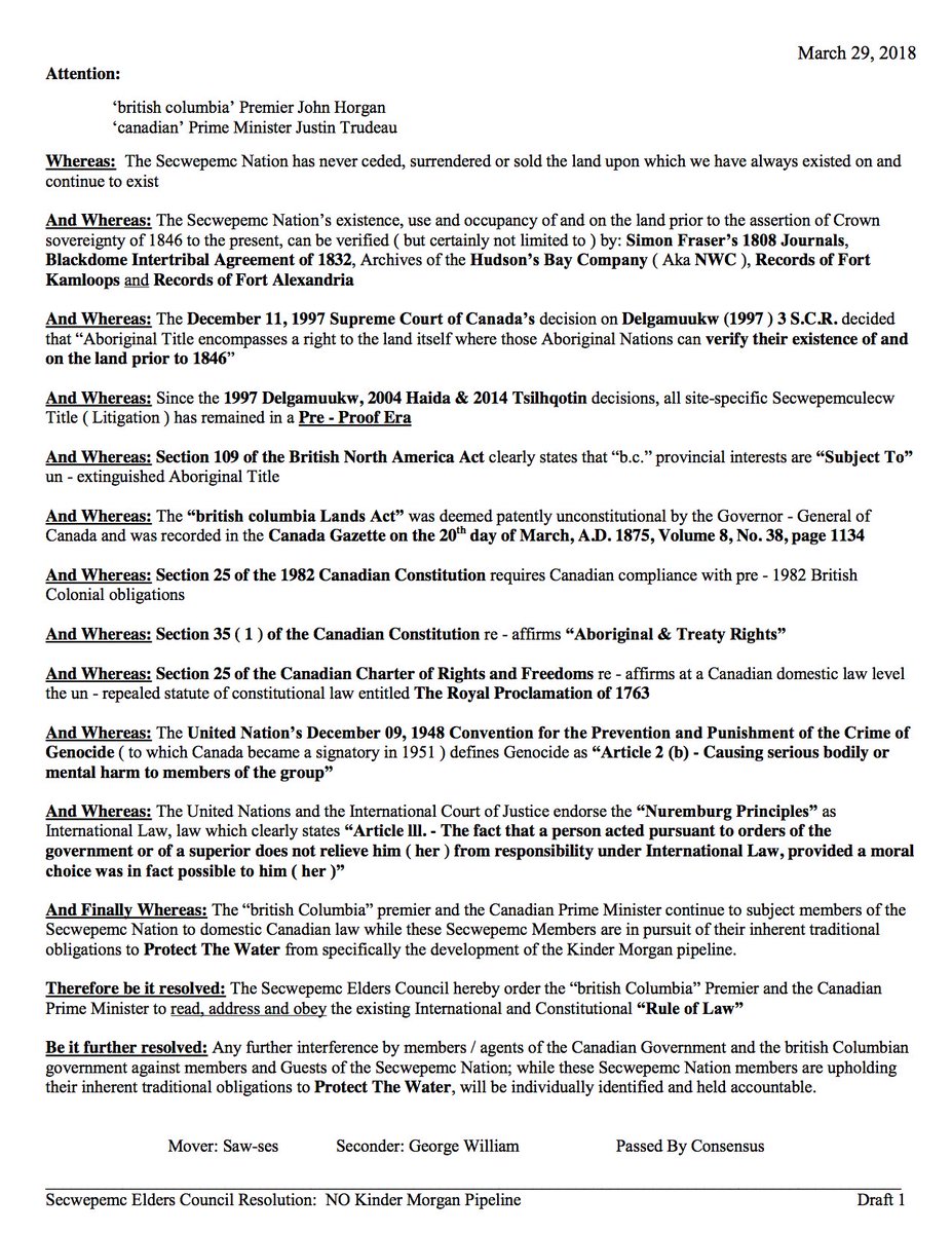 Secwepemc33's tweet photo. #Secwepemc #Elders #Council 

March 29, 2018 - No Kinder Morgan Written Resolution 

November 30, 2017
Mover - #Neskonlith #Elder #Sawses 
Seconder - #Splatsin #GeorgeWilliam

Passed By Consensus https://t.co/oXyVNtndaU