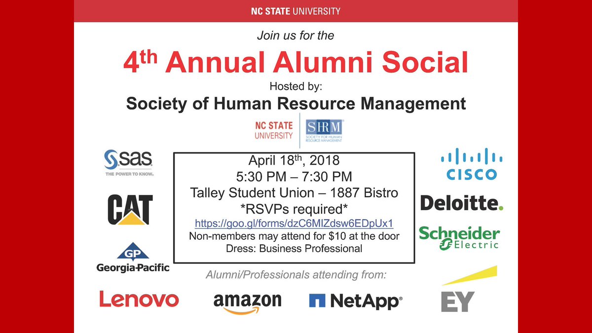 Our 4th annual Alumni Social is coming up and it's will be a great event to network with current and past HR students.

If you're a current student please RSVP at goo.gl/forms/hPiodwVx…. If you're an alumni please send an email to lmscott3@ncsu.edu to receive an invitation!