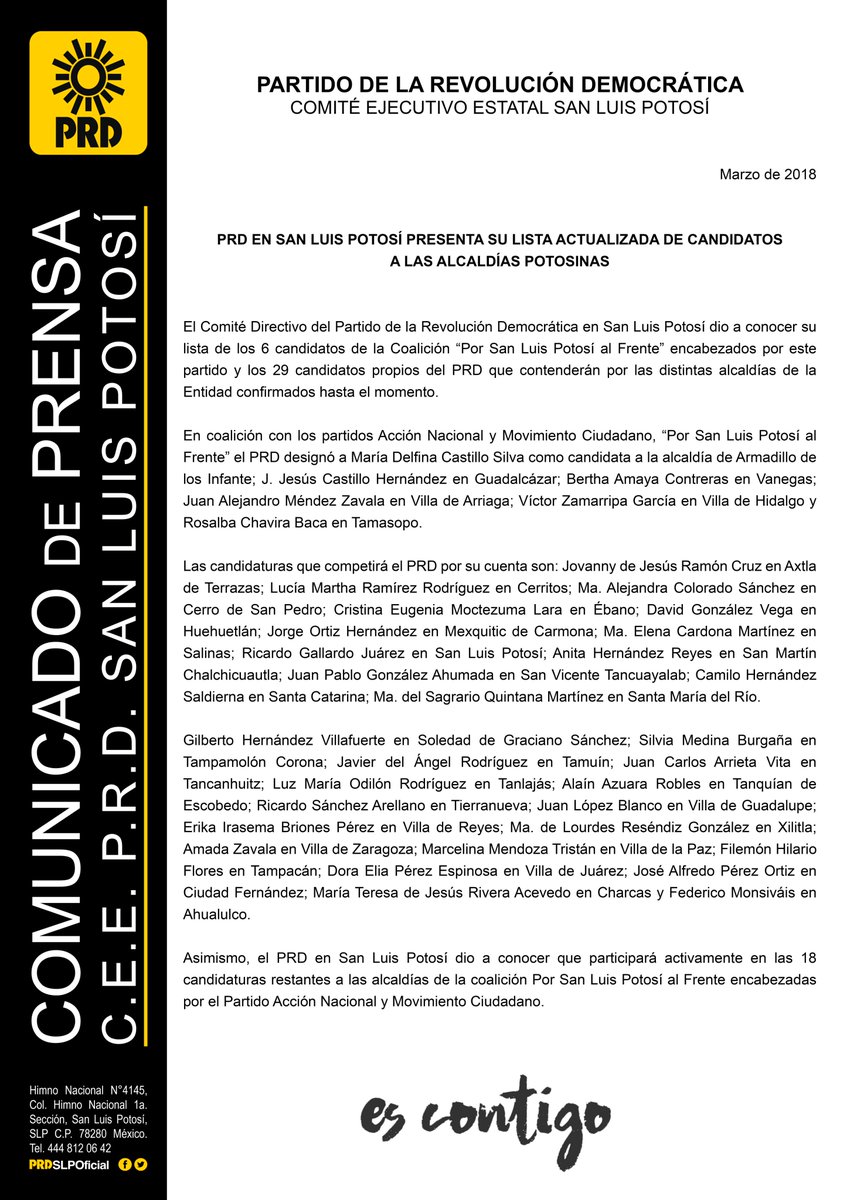 Comunicado de Prensa | Marzo de 2018

PRD EN SAN LUIS POTOSÍ PRESENTA SU LISTA ACTUALIZADA DE CANDIDATOS A LAS ALCALDÍAS POTOSINAS

Leer más: goo.gl/7Si8Xd

#PRD #SLP #PensemosEnGrande