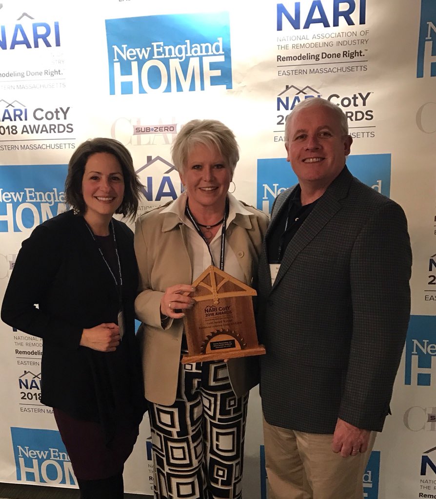 HarveyRemodel's tweet photo. Cristina Julie and Neil celebrating our Gold award for Additions at last night’s CoTY Awards! Well done team! #Remodeling #Nari #Boston remodeling https://t.co/b2B53BKTFo