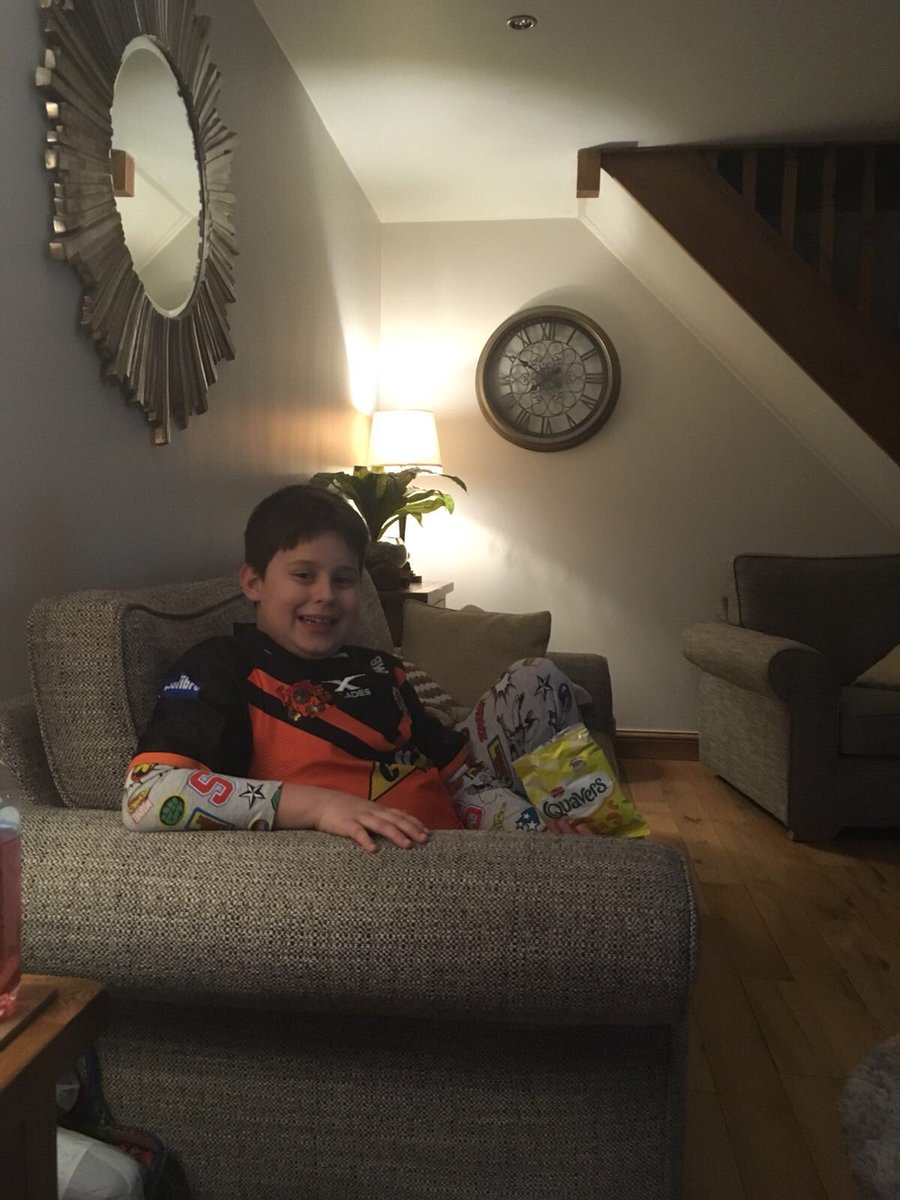 Saz_M84's tweet photo. Our George watching his favourite player @JamesClare91 from home tonight because he’s poorly, still smiled for the photo though xx https://t.co/eMJMQMVGE6