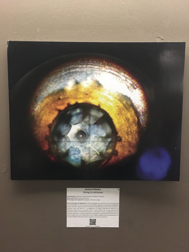 HadiFares's tweet photo. “Going to extremes” by Jasleen Bindra. A diamond anvil cell with a ruby as a pressure sensor. The pressure is deduced through raman spectroscopy of the ruby!! Amazing!! #NotAnEye https://t.co/WMKoYUgnv3