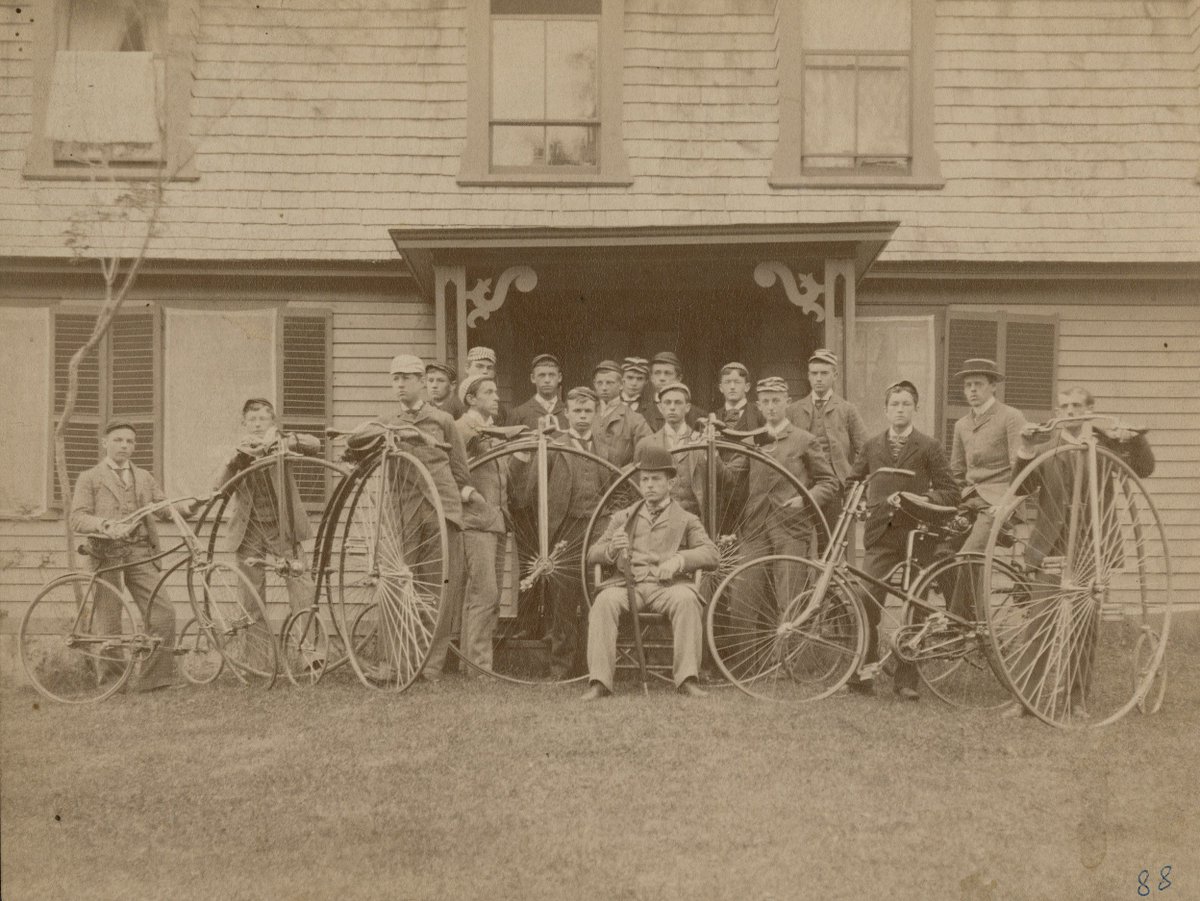 OhrstromLibrary's tweet photo. Hockey season is over - time to get out your bikes! This photo from the late 1800s shows the bike club outside of Miller House at its original location, the current site of Sheldon. #ohrstromlibrarydigitalarchives #throwbackthursday #tbt #iamsps #pennyfarthing #highwheelbicycle https://t.co/XBEtsgfrP6