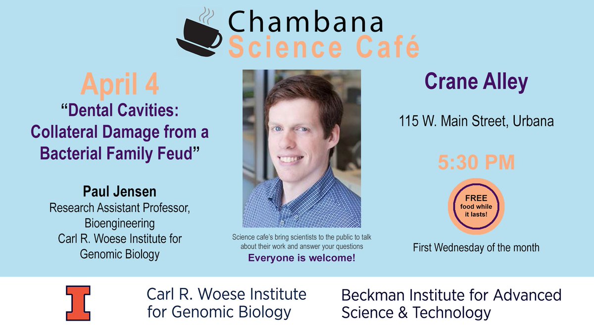 *New Location* Join us for the April installment of <a href="/ChambanaSciCafe/">Chambana ScienceCafe</a> on Wednesday (4/4) at <a href="/CraneAlley/">Crane Alley</a>! Free food while supplies last! @BeckmanInst <a href="/IGBIllinois/">Genomic Biology</a>