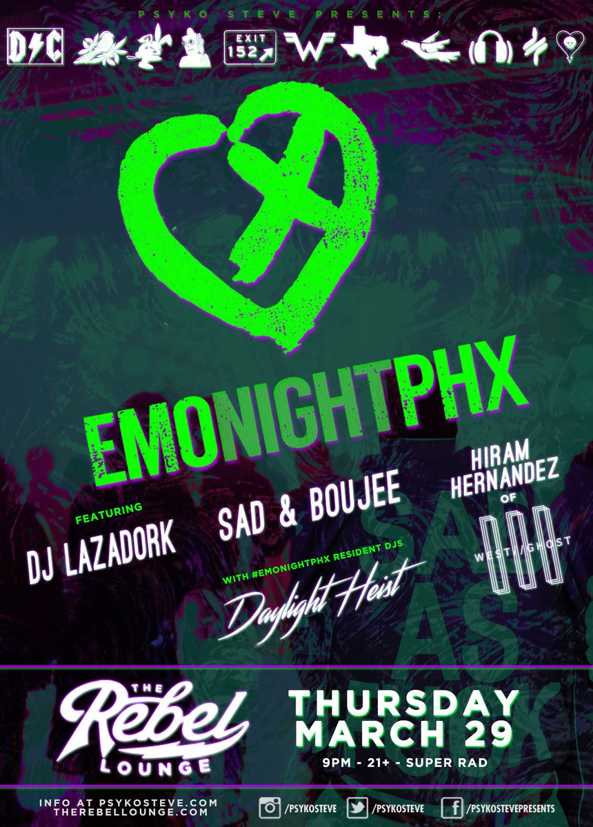 DaylightHeist's tweet photo. We’re getting down and dirty at @TheRebelPHX for EmoNightPHX with our good friend @HiramHernandez_ from “West Ghost” he’s even hitting us with some live acoustic songs. Lazadork, Sad &amp; Boujee, and your boys round out this great line up! @psykosteve #emonightphx #emonight https://t.co/QPLwCkXqiu